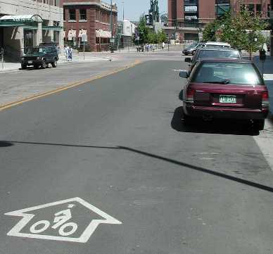 Shared Lane Arrows in place on a Denver street.